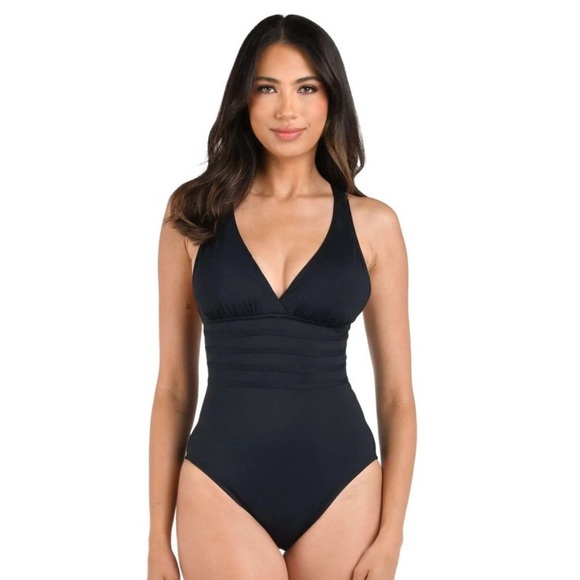 La Blanca Island Goddess Multi Strap Cross Back One Piece Swimsuit Black 8 NWT - Picture 1 of 5